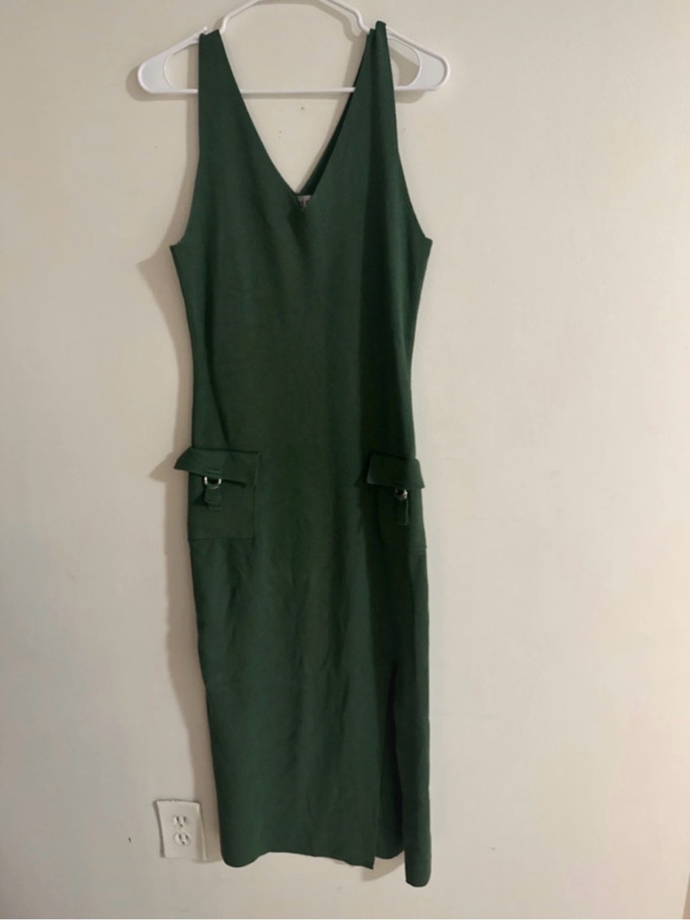 Sleeveless V-Neck Midi Dress in Forest Green with Utility Pockets